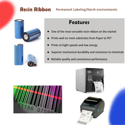 (4 Rolls) 4.33 x 244' Premium Resin Ribbon, 110mm x 74m Black Thermal Transfer Ribbon for 4'' Desk-Top Barcode Thermal Label Printers from Zebra, TSC, GoDex, Honeywell.. 1/2'' core