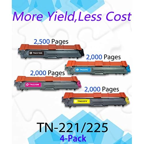 (BK/C/M/Y) Compatible TN221 TN225 Toner Cartridges Replacement for TN-221 TN-225 HL-3150CDW 3152CDW 3170C 3180CDW MFC-9130CW 9140CDN 9330CDW Printer, (Total-4 Pack)
