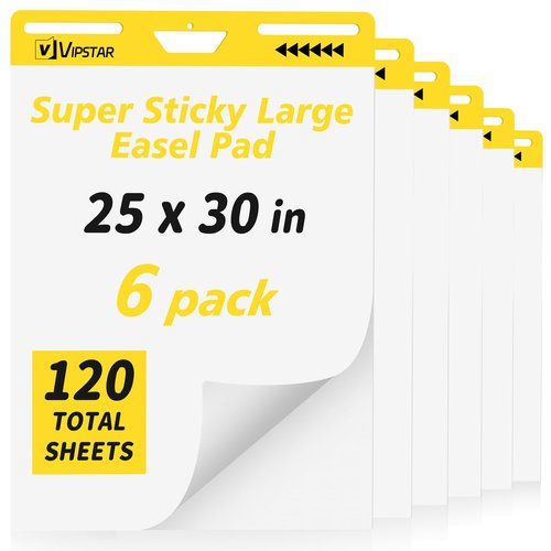 (6 Pads) Sticky Easel Pad 25 in x 30 in Post, Large Self Stick Flip Chart Premium Paper for Teachers, Mount to Most Surfaces and Bleedproof, Super Sticking Power