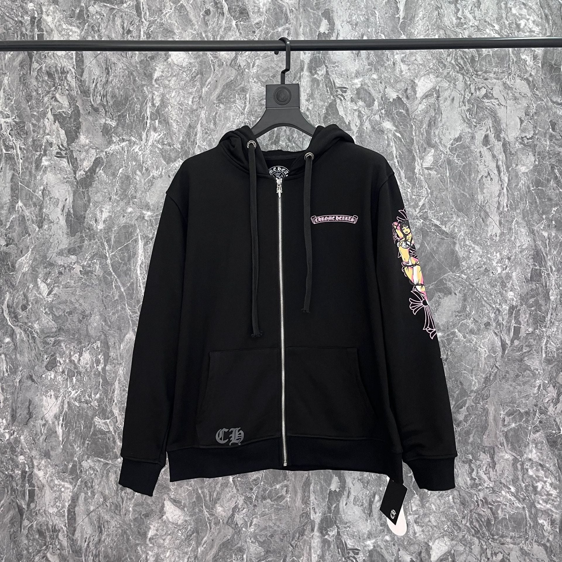 Chrome Heart Hoodie Cross, hooded zip-up cardigan sweater jacket