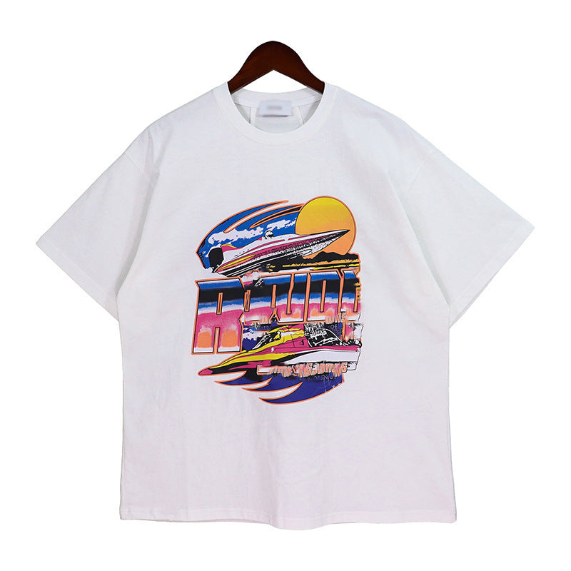 Rhude T-shirt Vintage Yacht Color Alphabet Print Short Sleeve T-shirt